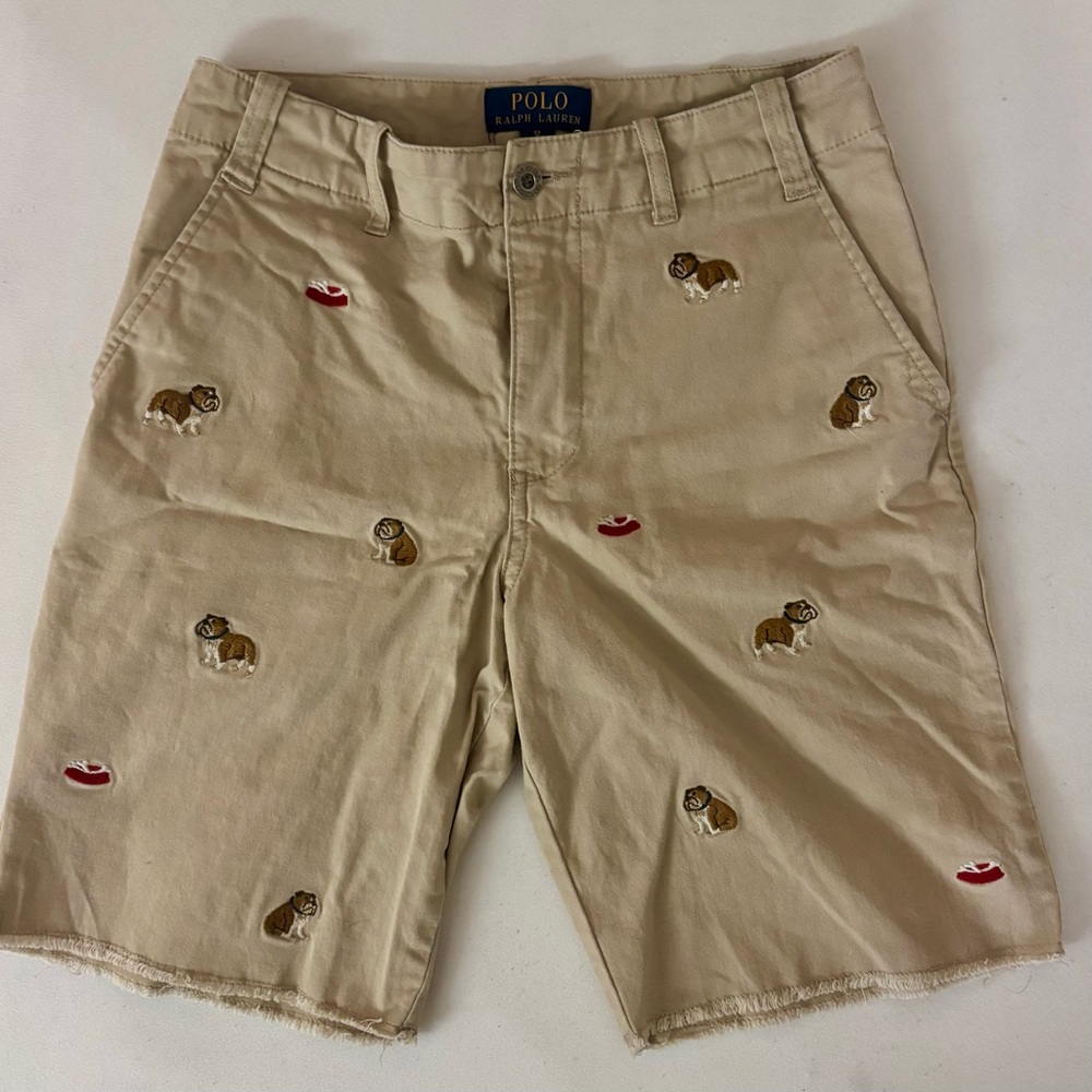 Polo Ralph Lauren Boys Khaki Tan Shorts Bulldog Embroidered Pattern Size 12